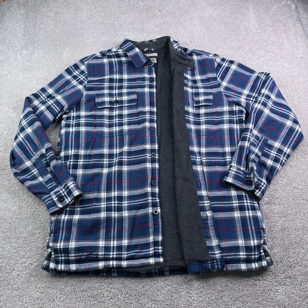 LL Bean Shirt Jacket Mens Large Blue Plaid Flannel Fleece Lined Chore Shacket